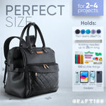 Black Yarn Storage Backpack for Knitting & Crocheting on the Go - Faux Leather Water - Resistant Bag with USB Port - CRAFTISS