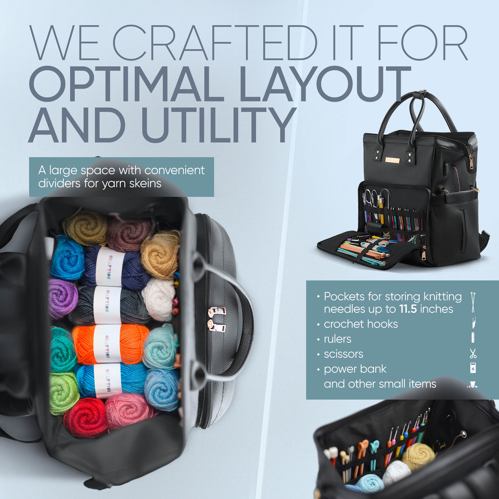 Yarn Storage Backpack for Knitting & Crocheting on the Go - Faux