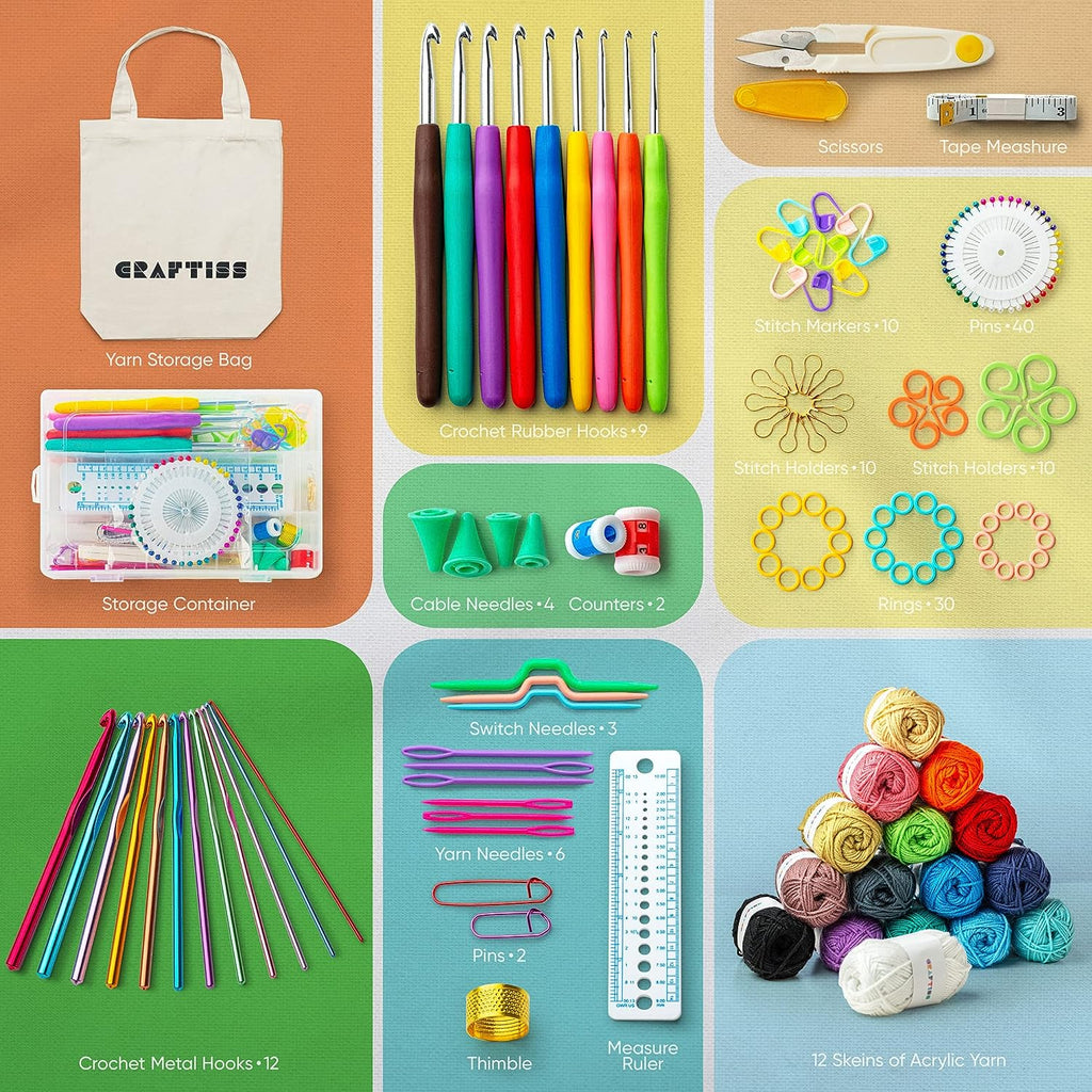 CRAFTISS Crochet Kit for Beginners, 158 Pieces with 16 Colors of Acryl