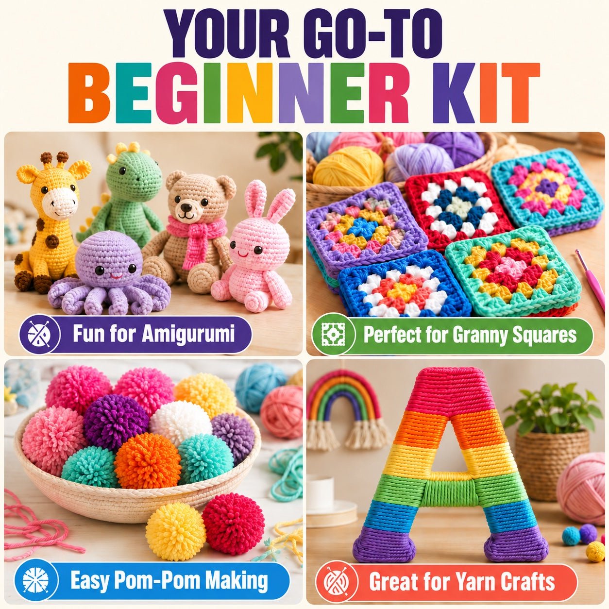 Beginner-friendly yarn projects including amigurumi granny squares pom-poms and crafts