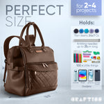 Brown Yarn Storage Backpack for Knitting & Crocheting on the Go - Faux Leather Water-Resistant Bag with USB Port