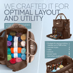 Brown Yarn Storage Backpack for Knitting & Crocheting on the Go - Faux Leather Water-Resistant Bag with USB Port