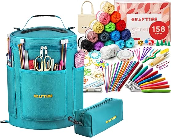 CRAFTISS Crochet Kit 158 pcs + Turquoise Yarn Storage Bag Bundle - CRAFTISS