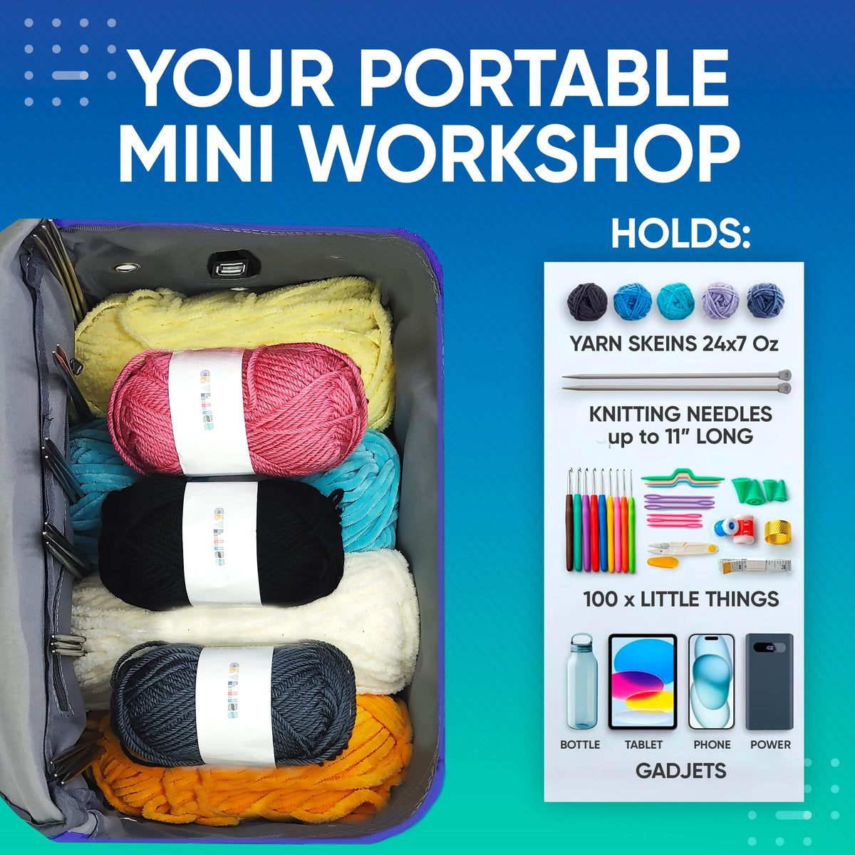 CRAFTISS Crochet Bag Yarn Storage - Christmas Gift - Durable Canvas Yarn Bag for Crochet Accessories – Backpack Organizer with Knitting Accessories Pockets and USB Cable - CRAFTISS