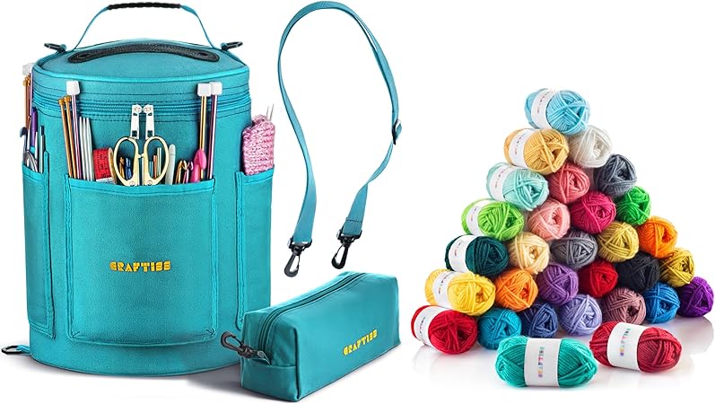 CRAFTISS Bundle: Yarn Storage Bag Organizer with 30 Mini Yarn Skeins for Crochet & Knitting - CRAFTISS