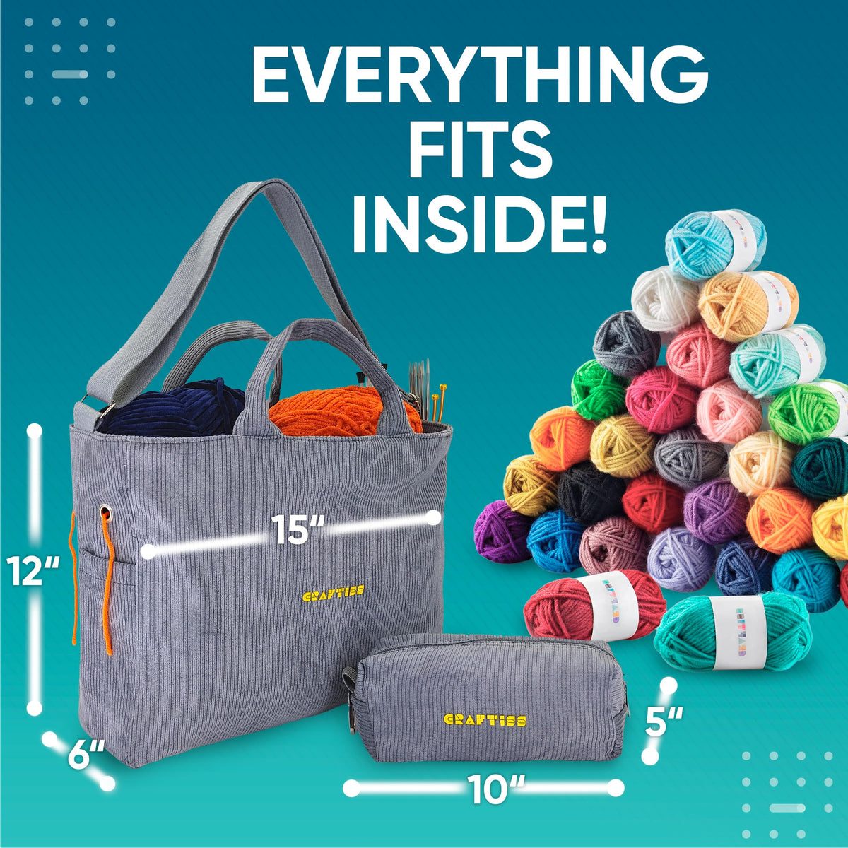 CRAFTISS Crochet Bag Yarn Storage - Christmas Gift - Durable Corduroy Yarn Bag for Crochet Accessories - Organizer with Knitting Accessories Case - CRAFTISS