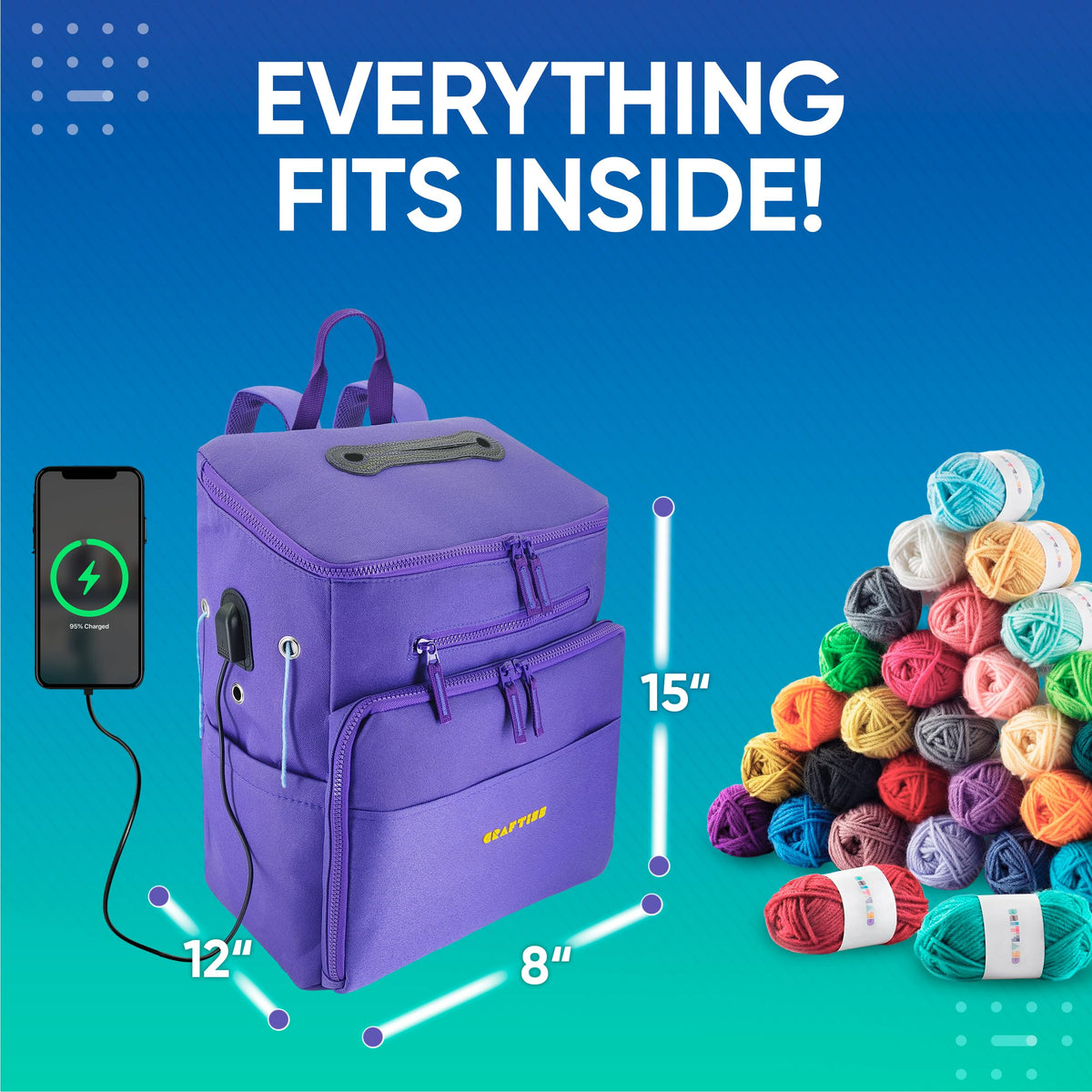 CRAFTISS Crochet Bag Yarn Storage - Christmas Gift - Durable Canvas Yarn Bag for Crochet Accessories – Backpack Organizer with Knitting Accessories Pockets and USB Cable - CRAFTISS