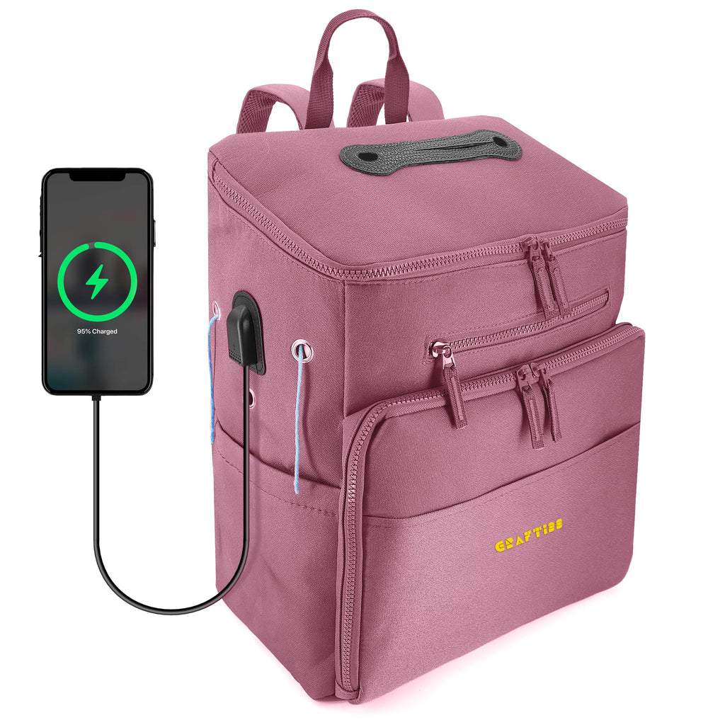 CRAFTISS Crochet Bag Yarn Storage - Christmas Gift - Durable Canvas Yarn Bag for Crochet Accessories – Backpack Organizer with Knitting Accessories Pockets and USB Cable - CRAFTISS