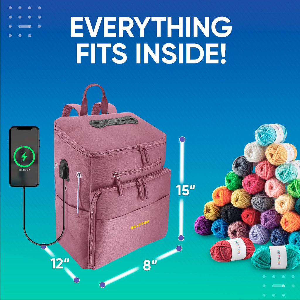 CRAFTISS Crochet Bag Yarn Storage - Christmas Gift - Durable Canvas Yarn Bag for Crochet Accessories – Backpack Organizer with Knitting Accessories Pockets and USB Cable - CRAFTISS