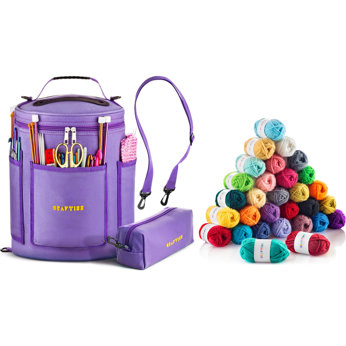 CRAFTISS Bundle: Yarn Storage Bag Organizer with 30 Mini Yarn Skeins for Crochet & Knitting - CRAFTISS