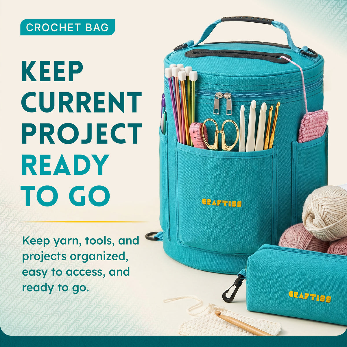 Yarn Storage Bag - Tote Yarn Bag, Durable Knitting and Crochet Organizer with Needle Case - CRAFTISS