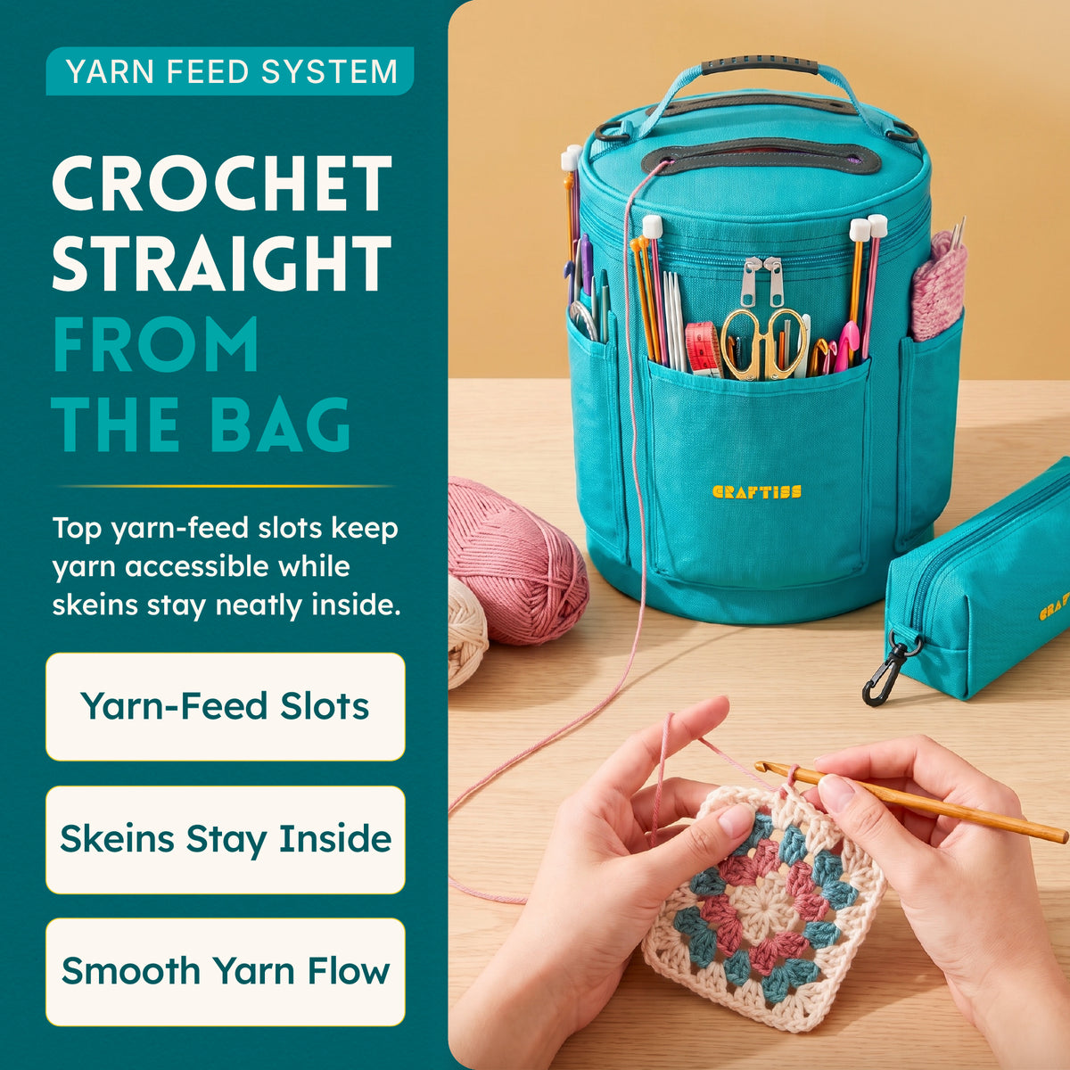 Yarn Storage Bag - Tote Yarn Bag, Durable Knitting and Crochet Organizer with Needle Case - CRAFTISS