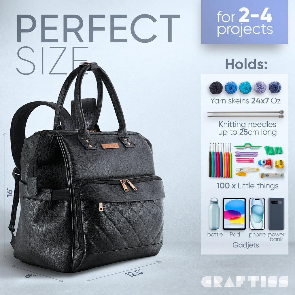 Black Yarn Storage Backpack for Knitting & Crocheting on the Go - Faux ...