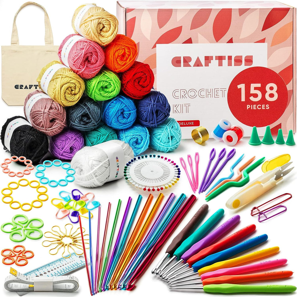 CRAFTISS Crochet Kit for Beginners, 158 Pieces with 16 Colors of Acrylic Yarn Skeins, 1300 Yards Total – Learn to Crochet All - in - One Starter Crochet Set for Adults Beginner - CRAFTISS