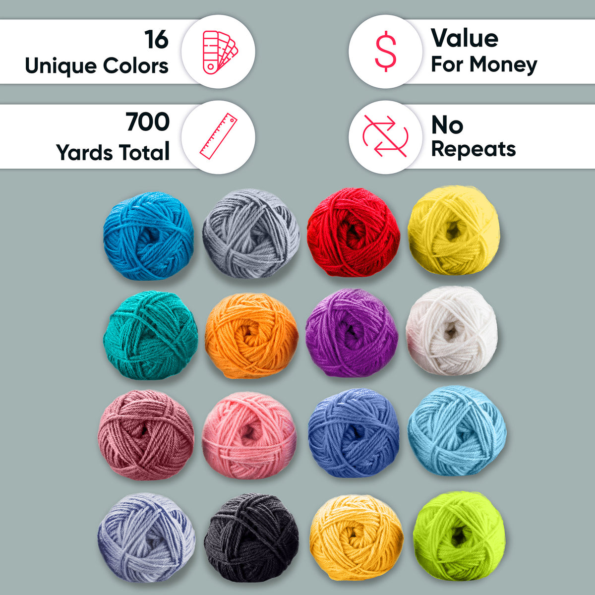 16*0.7 Oz Acrylic Yarn Skeins Unique Colors - Bulk Yarn Kit - 700 Yards - Perfect for Any Mini Project - CRAFTISS