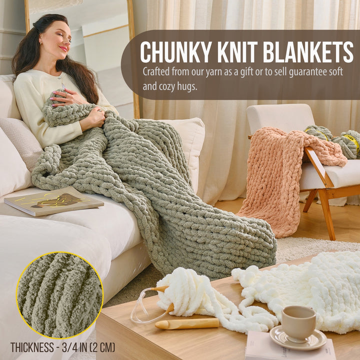 Woman relaxing under a chunky knit blanket made with CRAFTISS chenille yarn