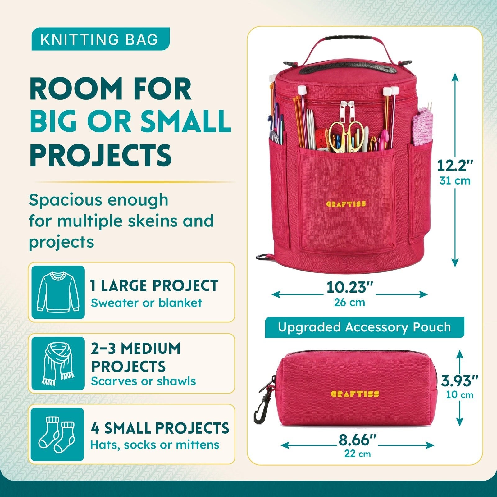 Fuchsia Craftiss yarn bag showing its project capacity