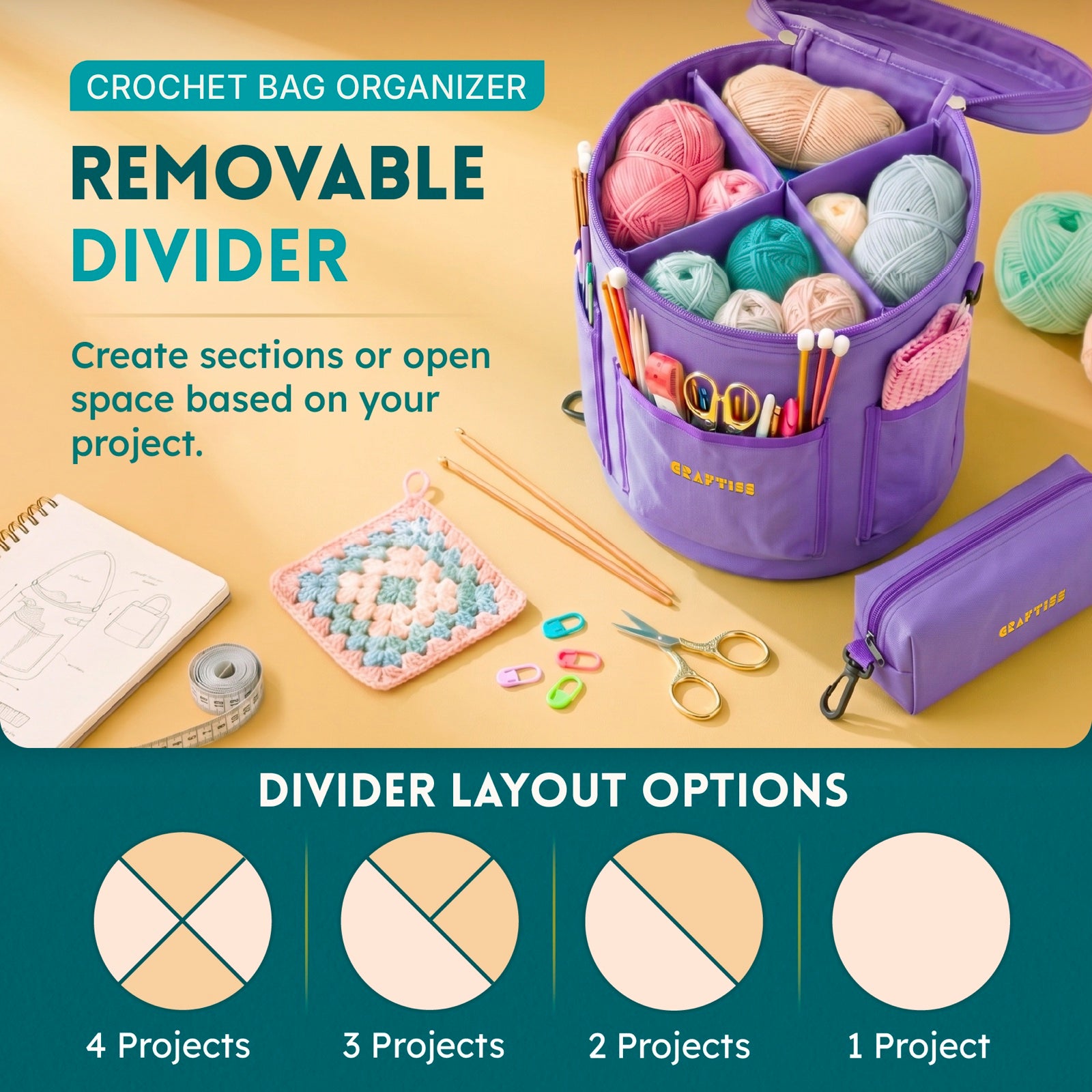 Purple Craftiss yarn bag with removable project divider