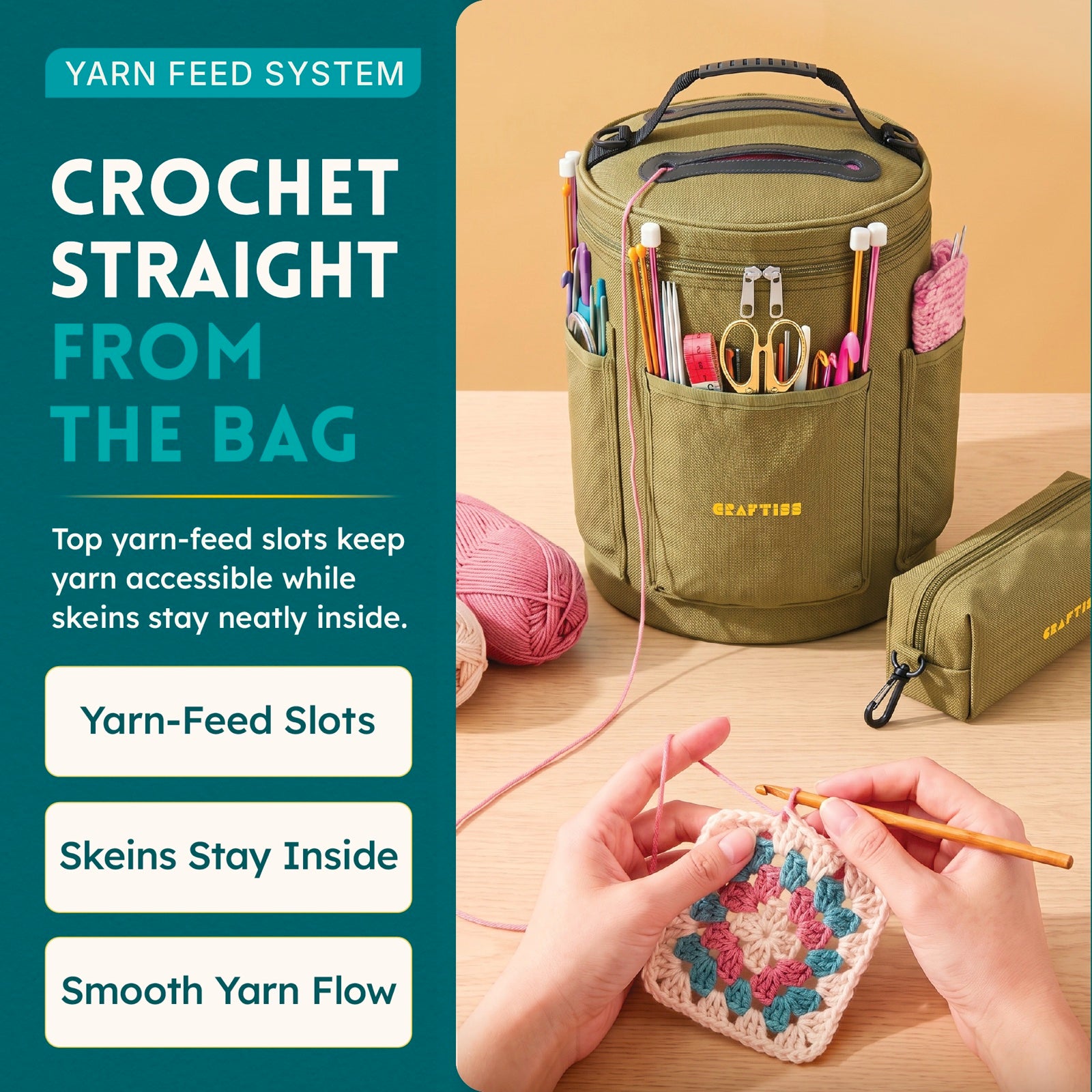 Khaki Craftiss bag feeding yarn through the built-in top slot
