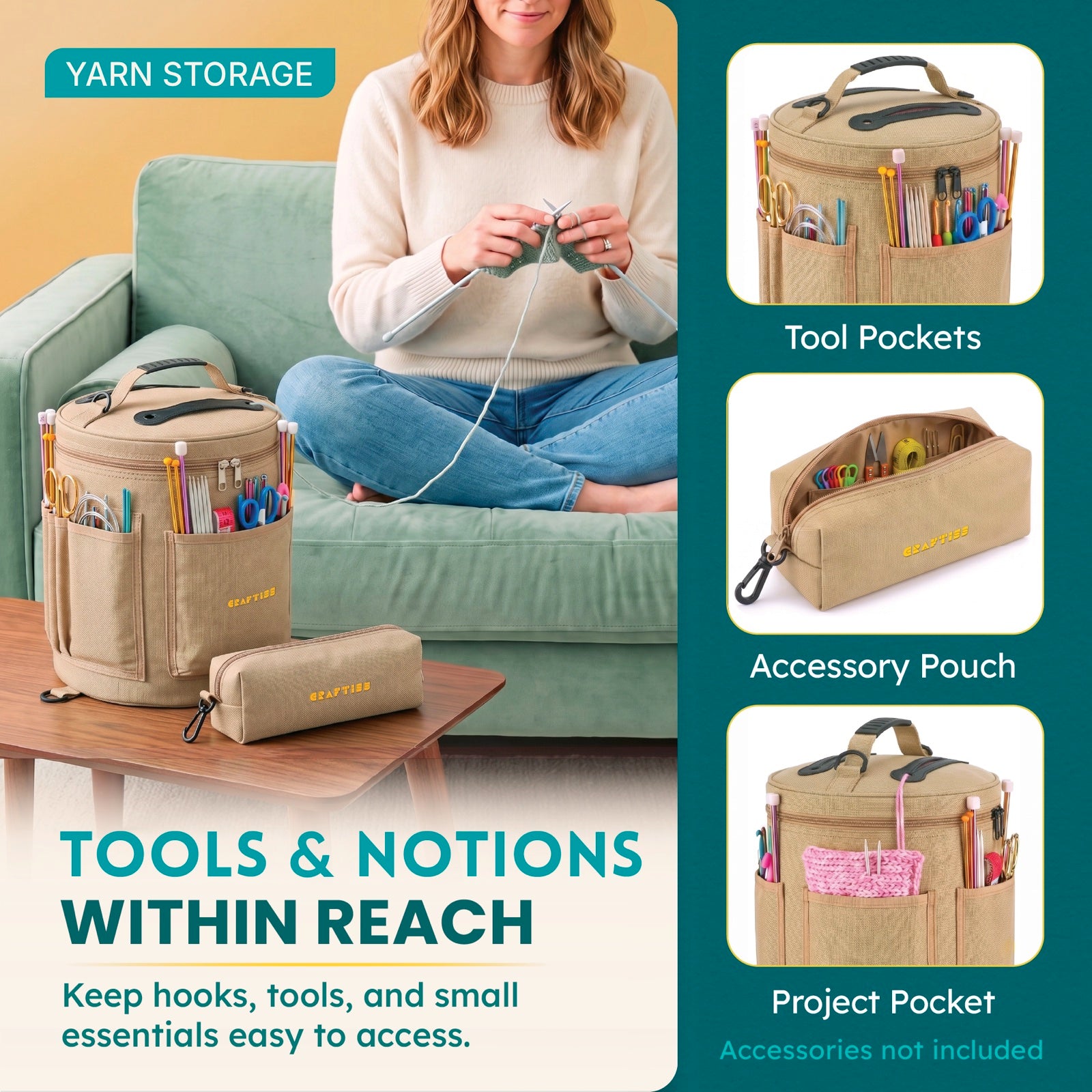 Beige Craftiss yarn bag with organized tool pockets and accessory pouch