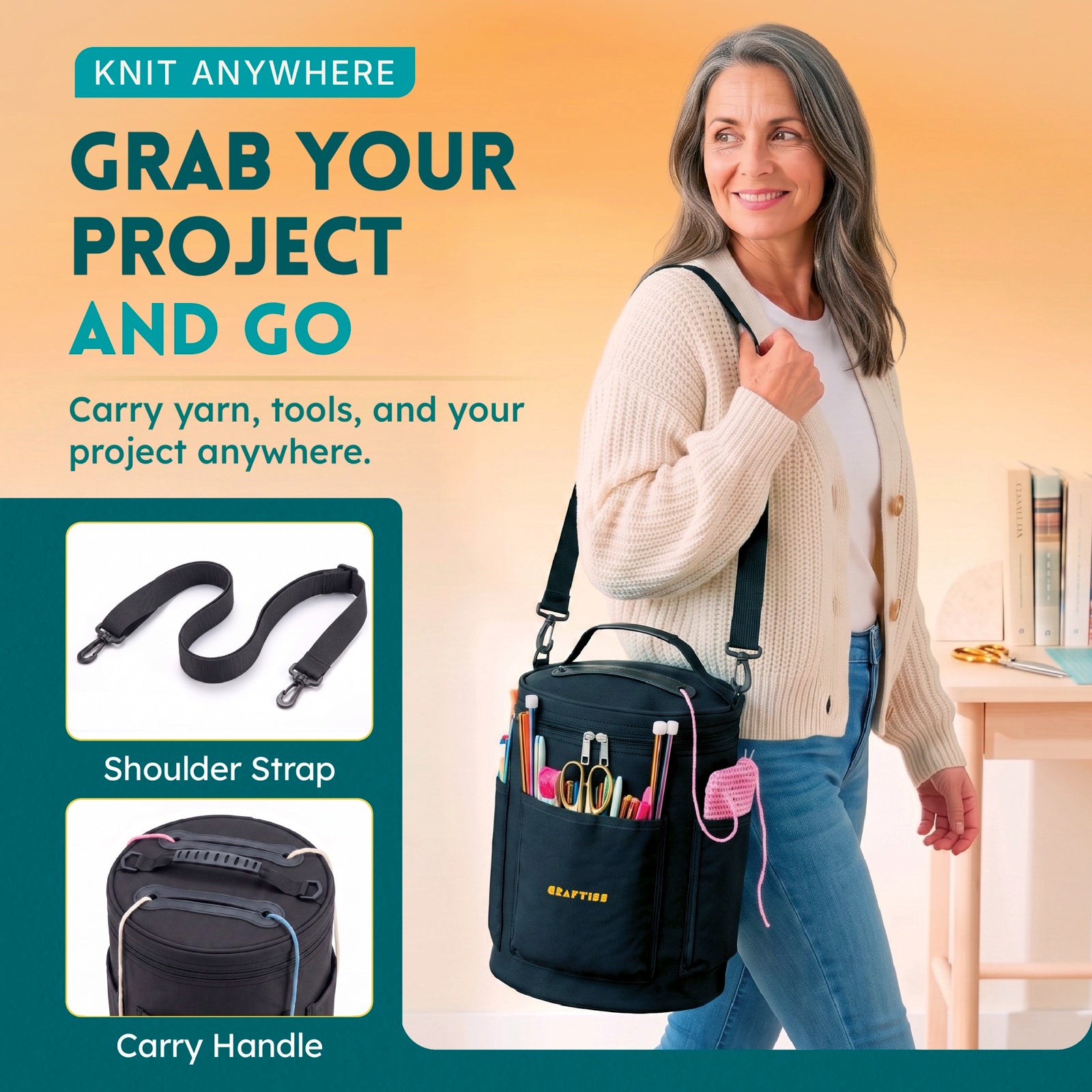 Black Craftiss yarn project bag carried with the shoulder strap