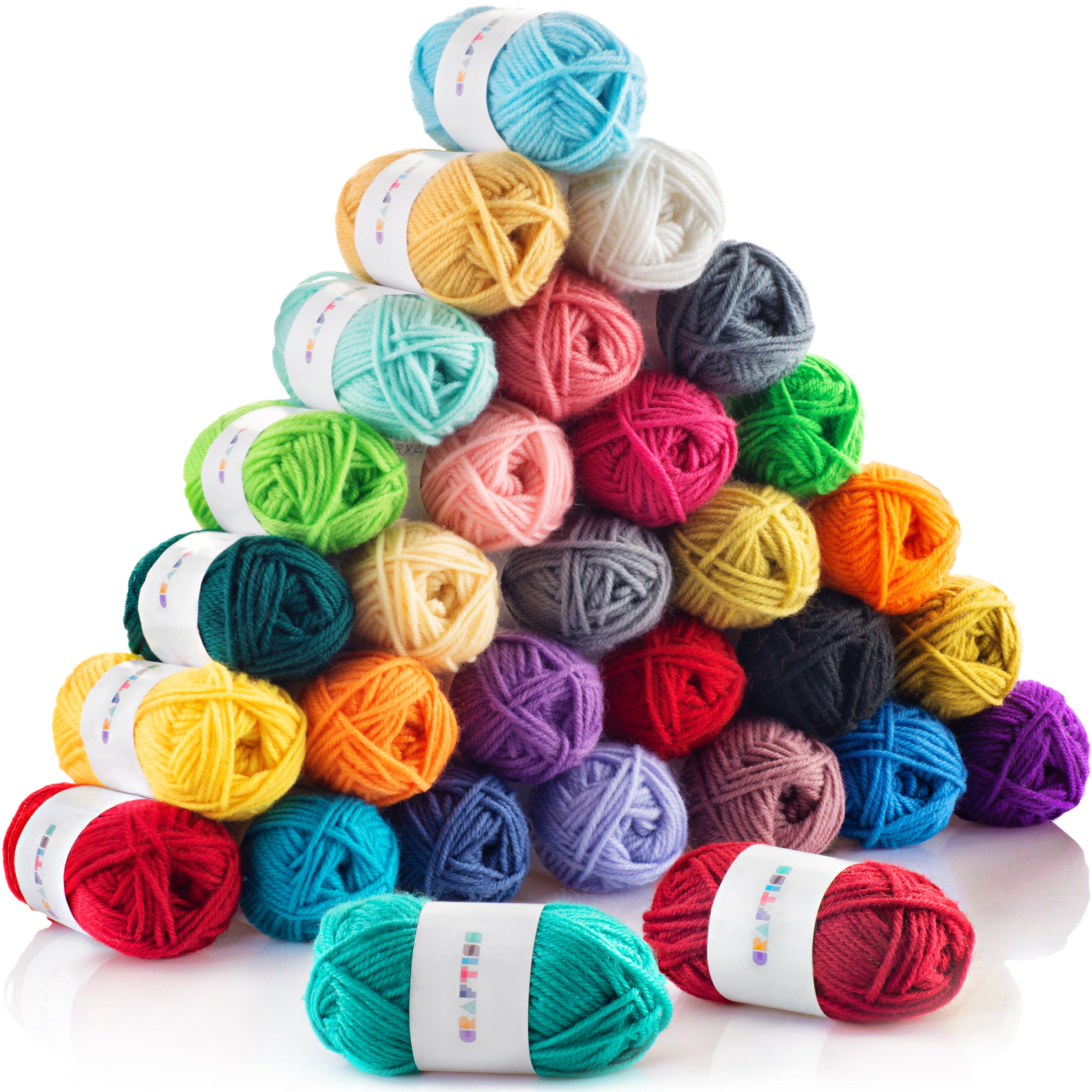 Thirty colorful Craftiss mini yarn skeins