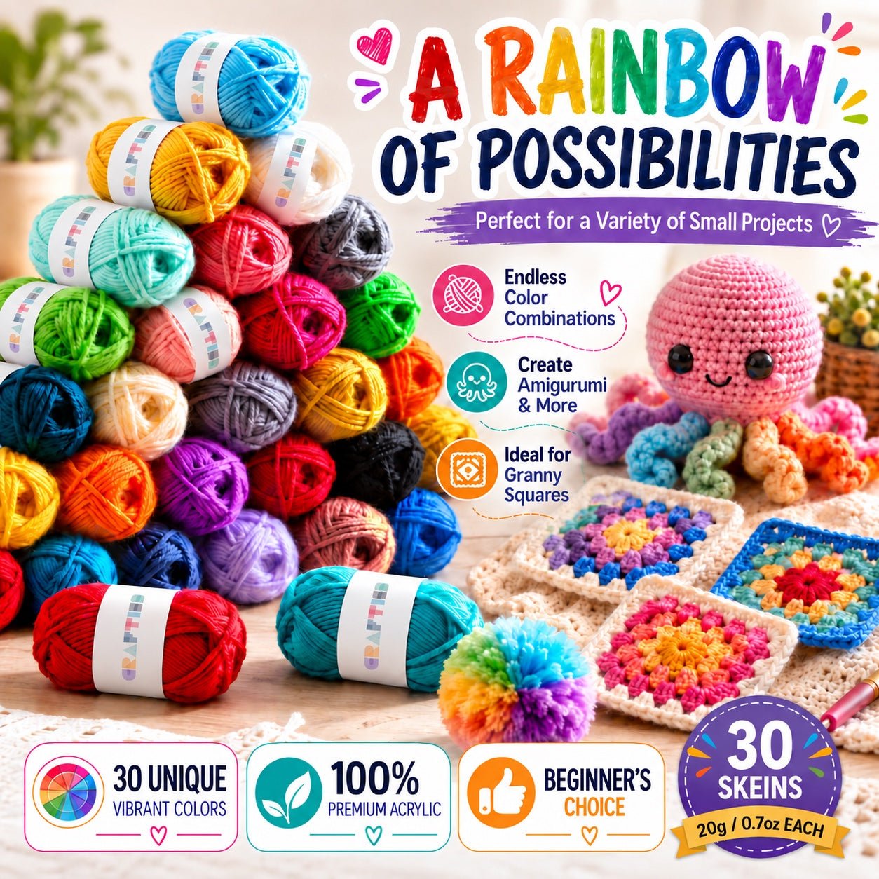 Colorful CRAFTISS mini skeins with amigurumi granny squares and pom-poms