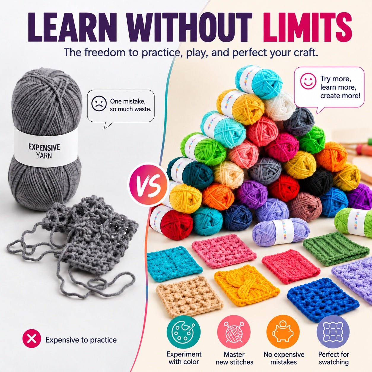 CRAFTISS mini skeins used to practice stitches and test color combinations